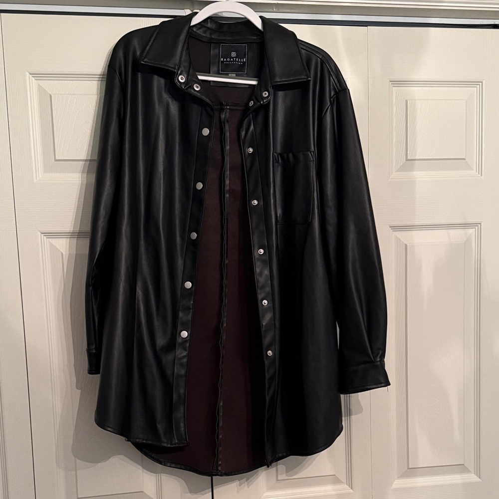 Bagatelle Collection Black Faux Leather Button-Front Shirt Jacket